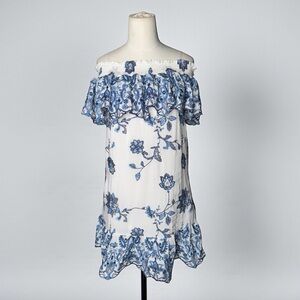 Parker Off-Shoulder Floral Dress – Blue White Ruffle Boho Summer Dress